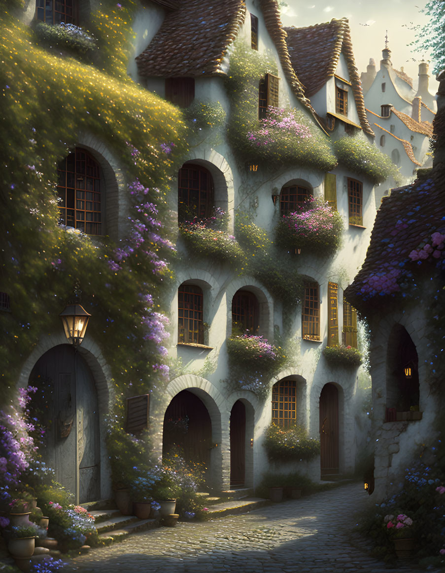 Ivy-covered fairytale cottages in cobblestone alleyway at dusk