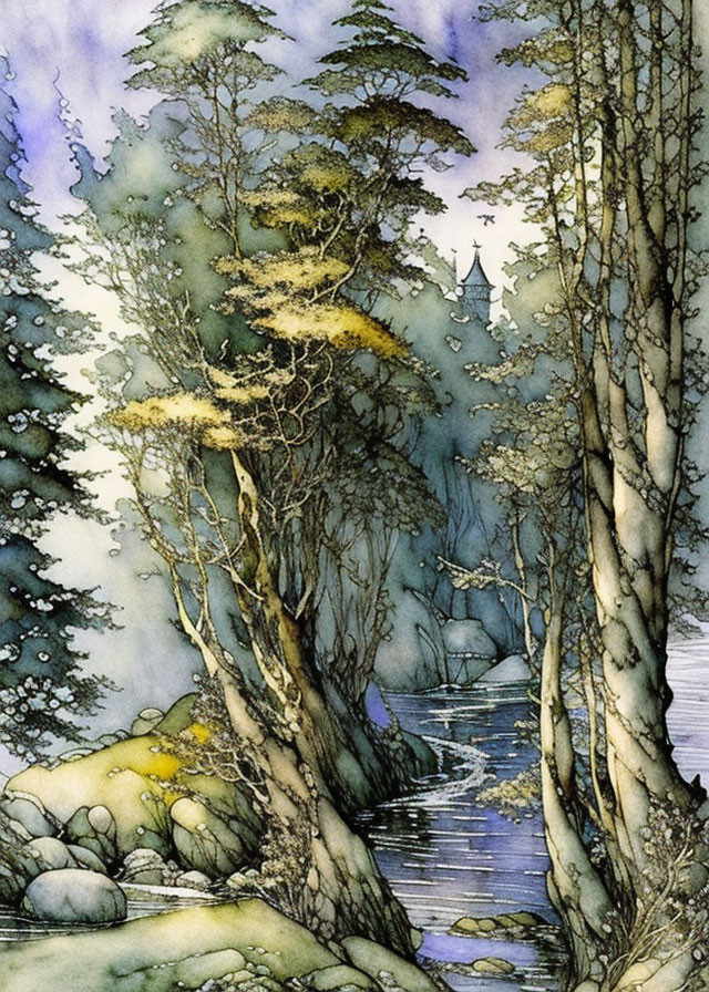 Misty forest watercolor with towering trees and hidden castle