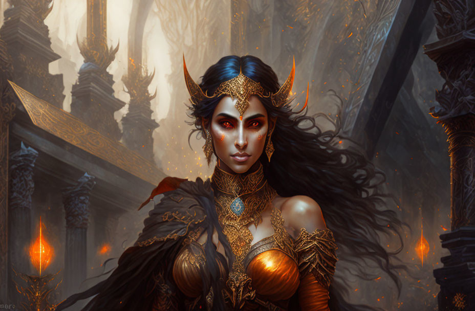 Fantasy character with dark hair, horns, golden armor, intricate jewelry, in fiery backdrop.