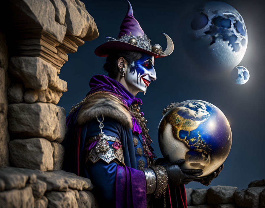 Fantasy sorcerer holding globe with crescent moon background