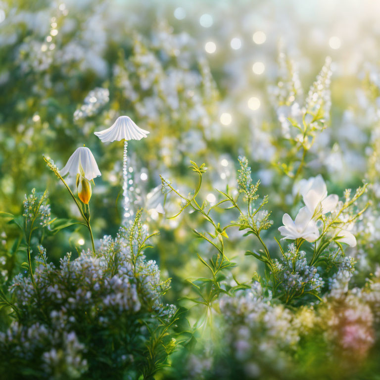 Tranquil garden scene with white flowers and lush greenery