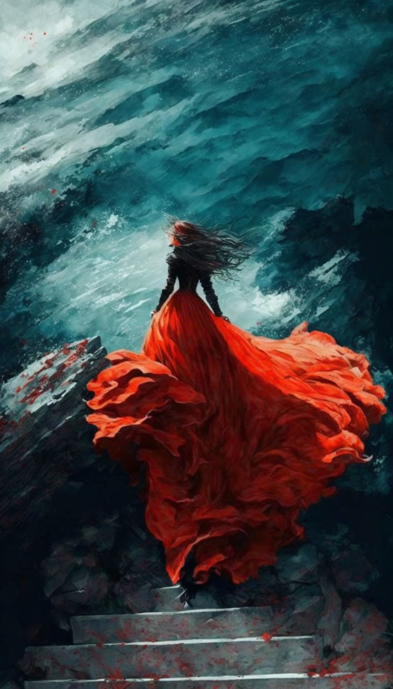 Woman in red dress on staircase amid dark sea waves.