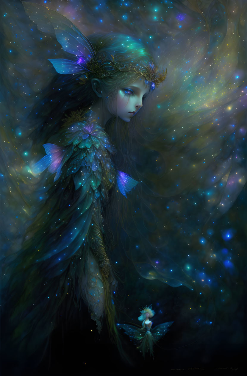 Ethereal fairy with luminescent wings in mystical setting