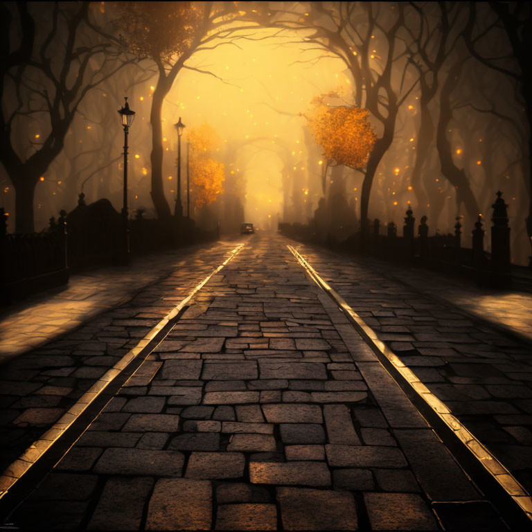 Golden-lit cobblestone street with glowing lamp posts and misty ambiance