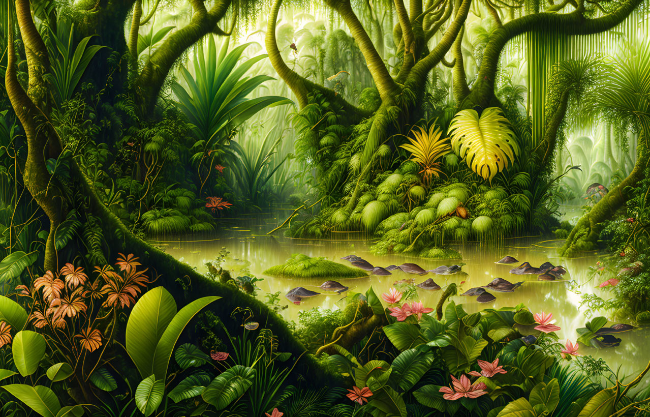 Vibrant jungle scene with lush foliage, river, and blooming flowers