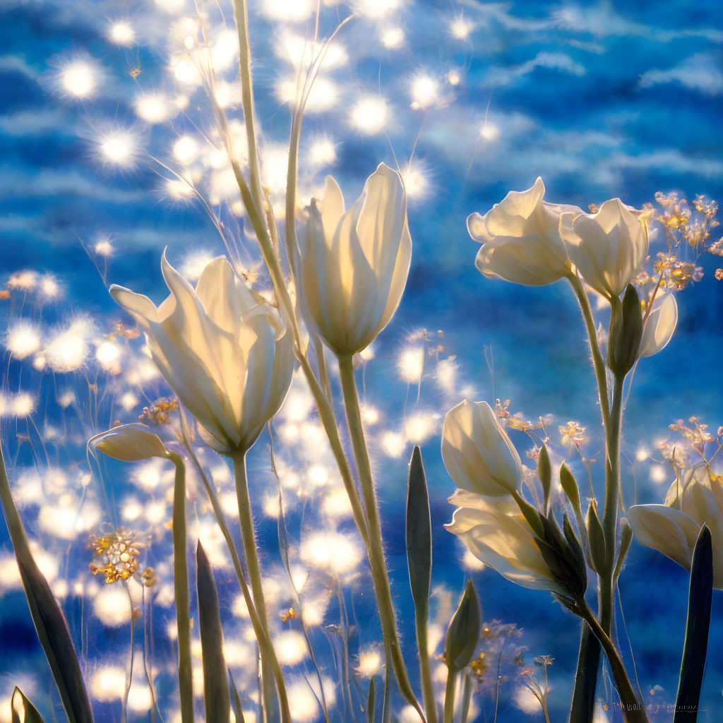 Bright white flowers on sparkling blue water under sunlight.