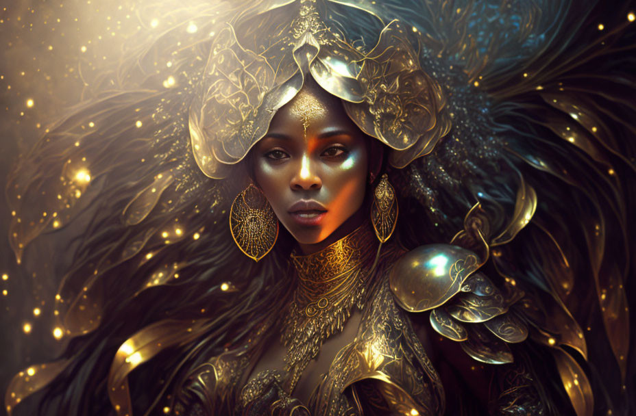 Regal figure in golden armor and headdress with mystical aura