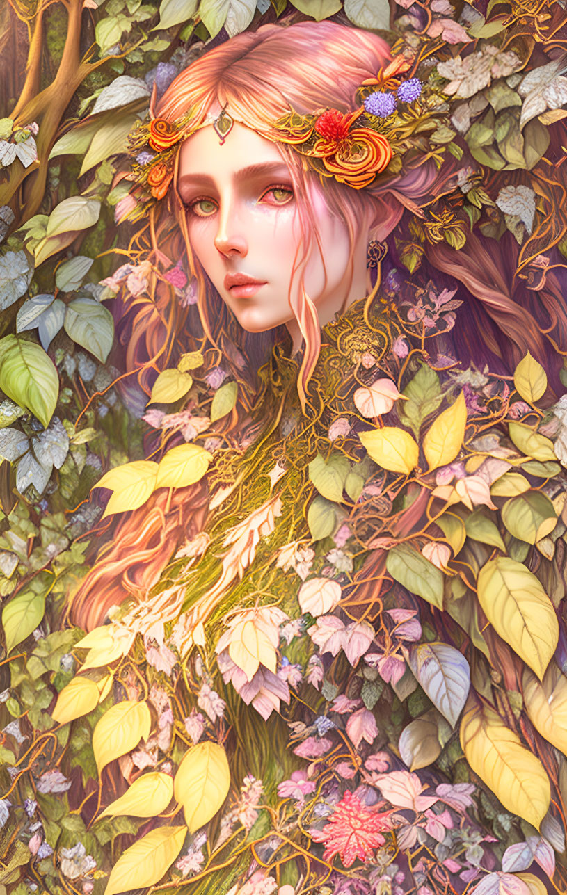 Mystical woman with pink hair and floral crown in vibrant nature tapestry