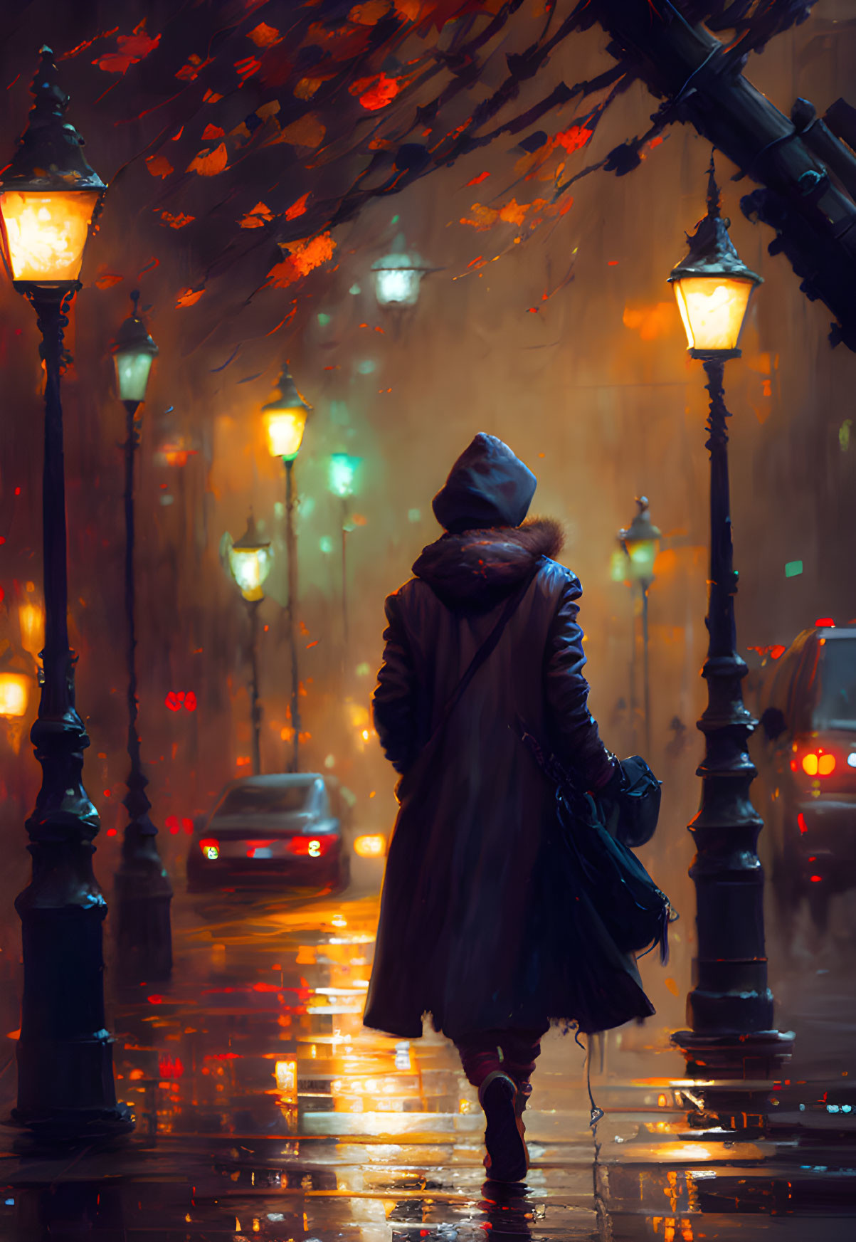 Person in coat and hood walking on rainy city street at night with autumn leaves.