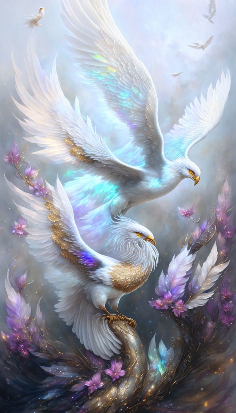 Ethereal white eagles soar in dreamlike setting