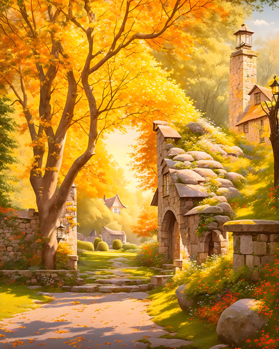 Stone pathway to lighthouse in autumn setting surrounded by golden trees