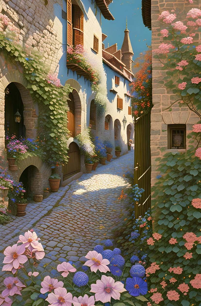 Traditional European street with cobblestones, flowers, and tower view