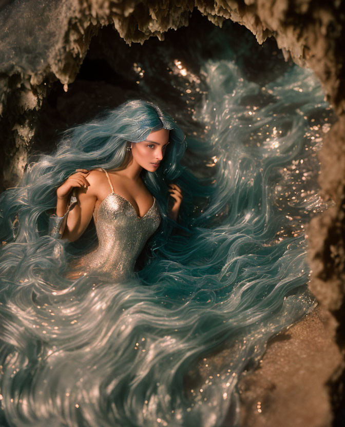 Fantasy portrait of woman with blue hair in mermaid-like attire in rocky cave