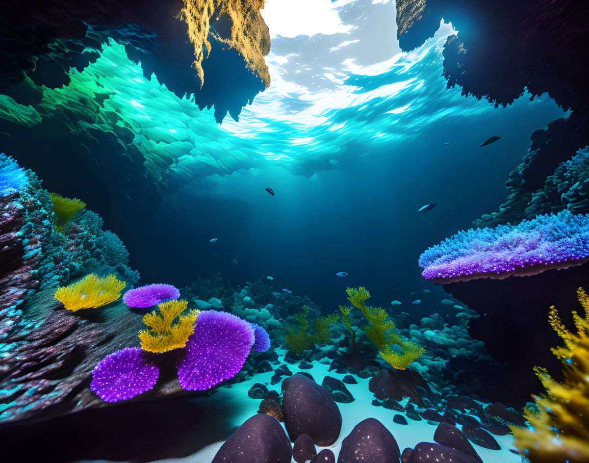 Colorful Coral Formations and Fish in Vibrant Underwater Scene