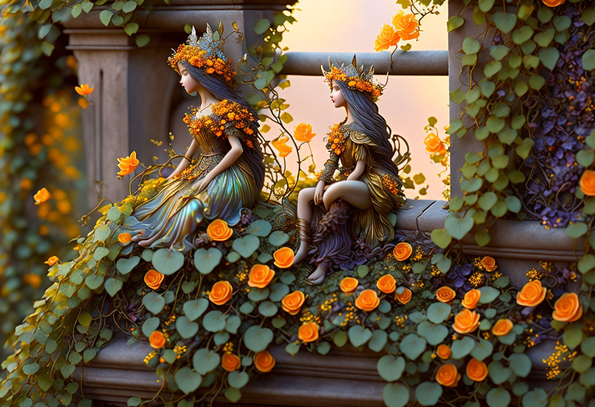 Stylized female figures with orange flowers on balustrade at dusk