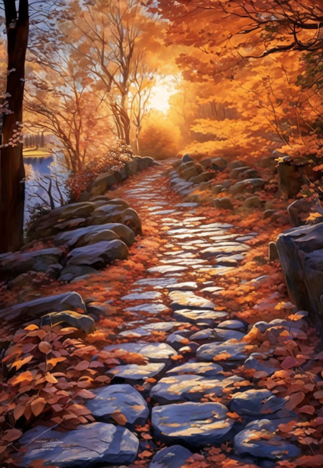 Autumn forest scene with cobblestone path and golden leaves