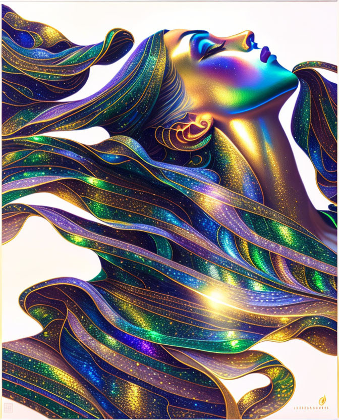 Vibrant female figure with flowing hair and garments in cosmic patterns