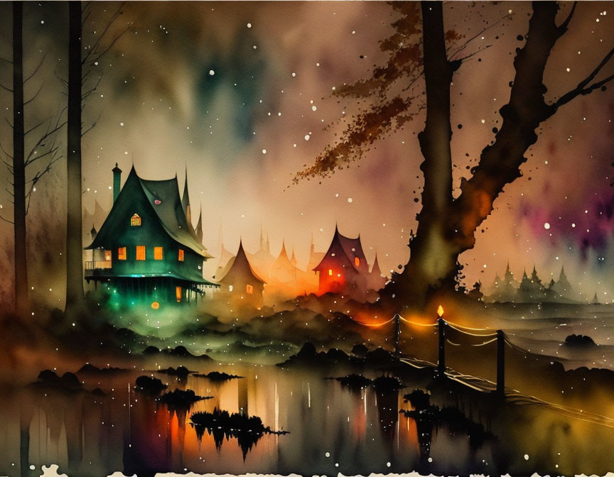 Mystical twilight landscape with whimsical houses, trees, and rope bridge