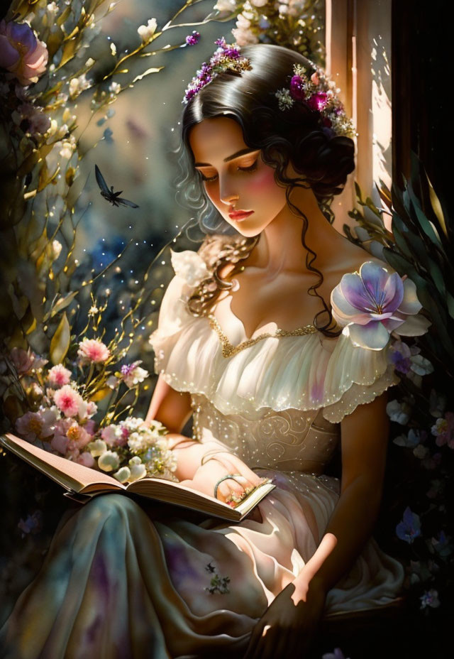 Illustrated woman with wavy hair reading in mystical garden