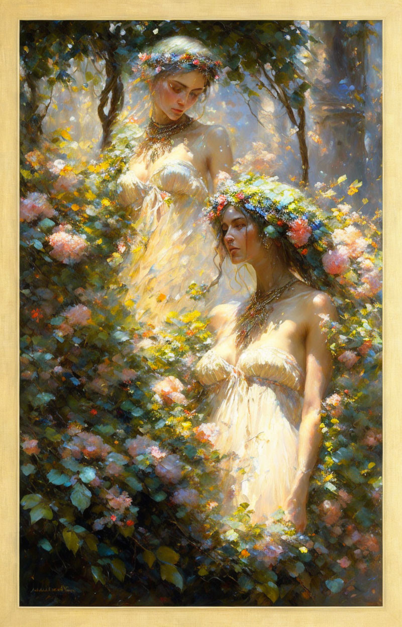 Ethereal painting of two women in flower crowns among luminous blooming bushes