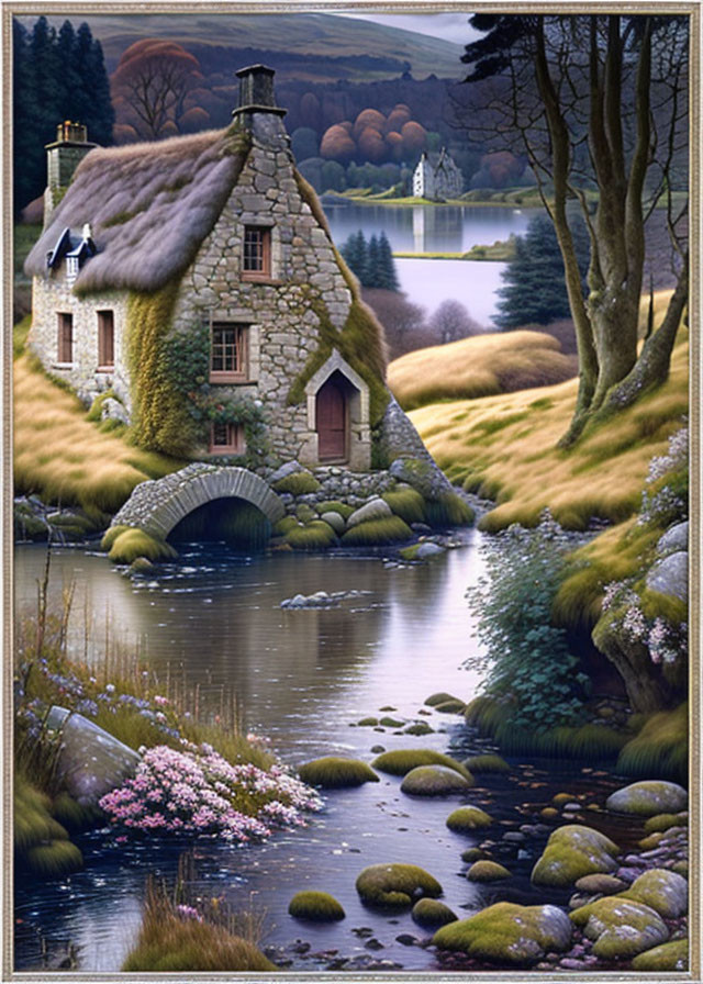 Rural scene: Thatched cottage, stone bridge, autumn trees, lake, and hills