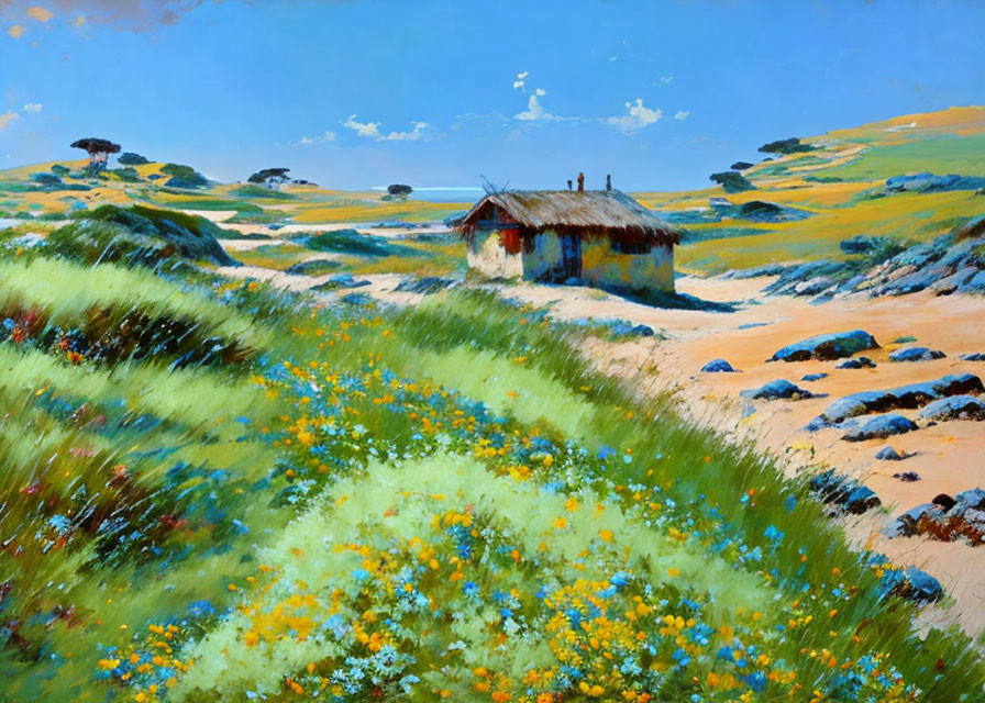 Colorful painting of thatched hut in wildflower-filled sand dunes under blue sky