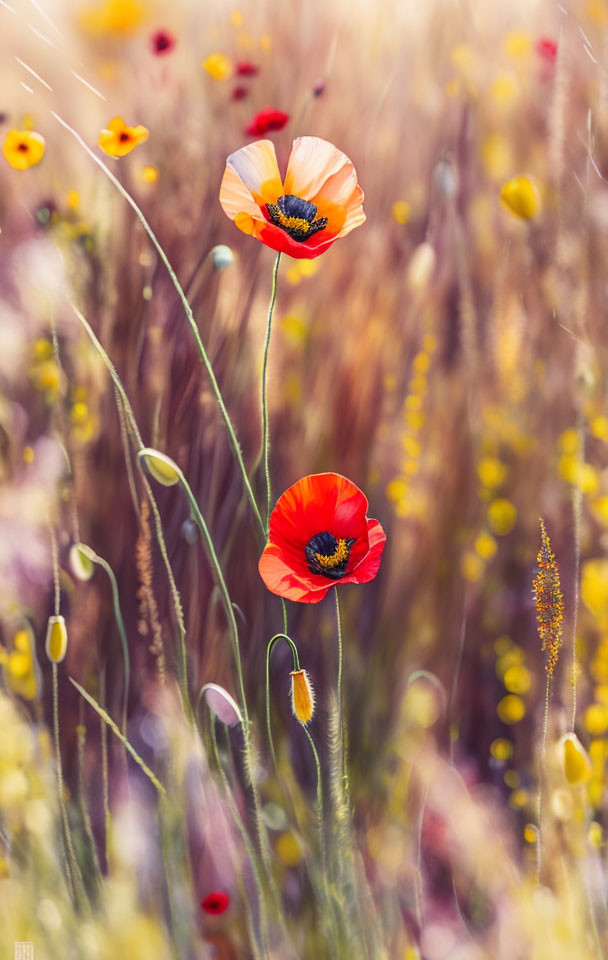 Vibrant red poppies in bloom among wildflowers and golden grasses.