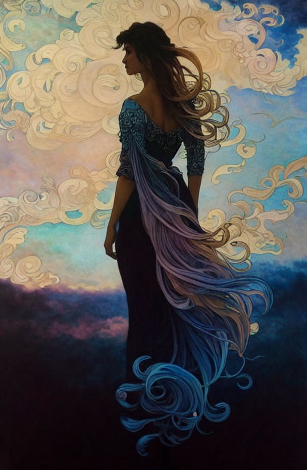 Woman in flowing dress merges with clouds in twilight sky