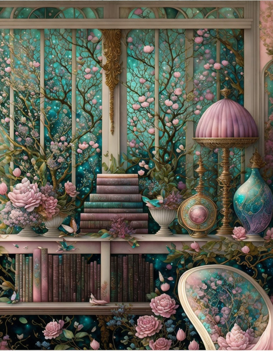 Pastel-hued library with ornate books, flowers, vintage chair, and intricate decor in nature