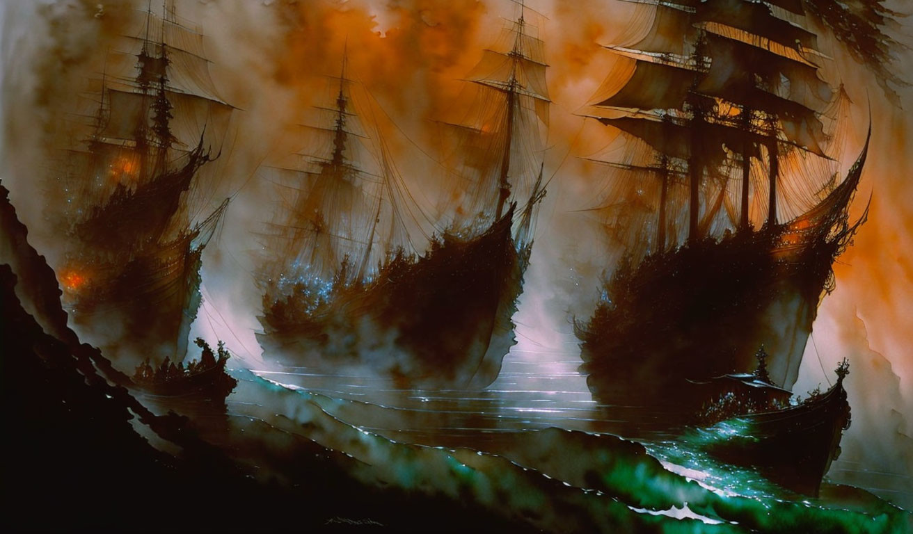 Sailing ships ablaze in dark, stormy sea scene