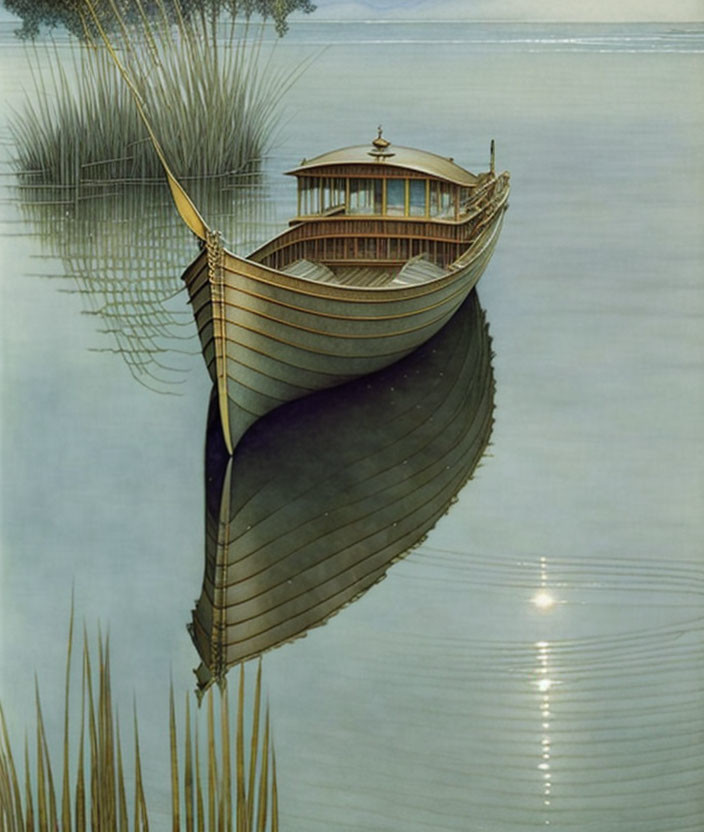 Tranquil painting of wooden boat on calm water surrounded by reeds