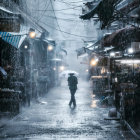 Dystopian alley scene with rain, neon signs, and dilapidated buildings