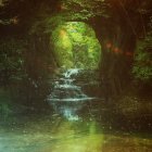 Mystical forest scene with vibrant green trees and serene river