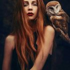 Auburn-haired woman with tattoos and owl against dark tree backdrop