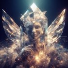 Digital artwork of serene woman with crystalline crown and golden wing-like structures.