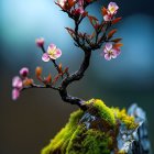 Whimsical plant with colorful flowers on dark stem against blue background