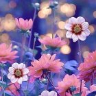 Colorful digital artwork: Stylized flowers in pink, purple, and blue on a mosaic background