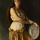 Red-haired woman in golden headpiece with fruit plate, standing in foliage in detailed golden gown