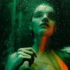 Surreal underwater portrait of a woman with flowing hair surrounded by glowing green particles and bubbles