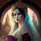 Regal woman with golden crown holding purple rose in ornate frame.