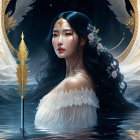 Ethereal woman with dark hair, golden ornaments, crescent moon, and spear.