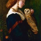 Fantasy artwork of woman with flowing hair and owls in vibrant setting