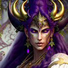 Fantasy illustration of purple-skinned woman with horns and golden jewelry