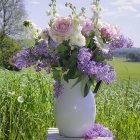 White and Purple Flowers in Translucent Vase on White Stand