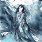 Ethereal woman in blue and gold gown against icy backdrop