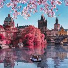 Fantastical scene: towering spires, pink cherry blossoms, magical sky.