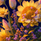 Vibrant yellow and orange flowers in glowing nocturnal garden setting