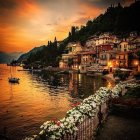 Tranquil harbor at sunset with boats, rustic houses, flower-lined pier