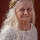 Ethereal figure with pale skin and white hair in decorative headdress amidst intricate foliage