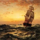 Tall ships with billowing sails in misty golden-lit waters